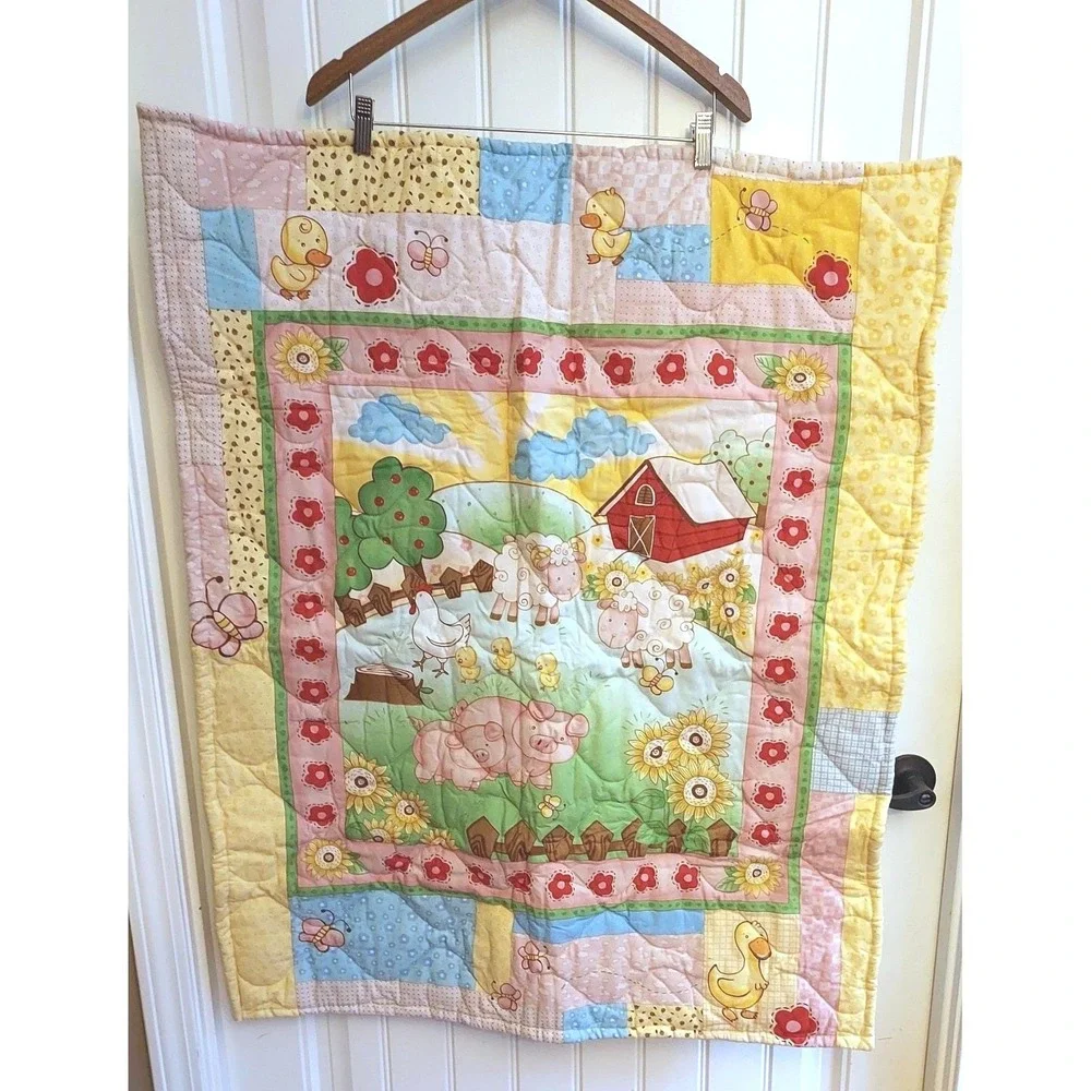 Quilt Baby Crib Handmade Farm Ducks Pigs Sheep Barn Yellow Lap Blanket Swaddle
